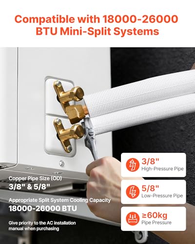Image of VEVOR Mini Split Line Set, 25ft 3 /8 inch & 5 /8 inch OD AC Copper Tubing Pipe, 3 /8 White PE Thickened Insulated Coil with Flared Nuts, Rich Fittings, for Mini Split Air Conditioner HVAC or Heat Pump System