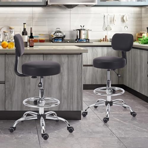 Image of KLASIKA Drafting Stool Chair with Back, Adjustable Foot Rest Backrest Swivel Rolling Stool, Multi-Purpose Office Desk Chair, Thickened Seat for Home Bar Spa Kitchen Shop 2pack