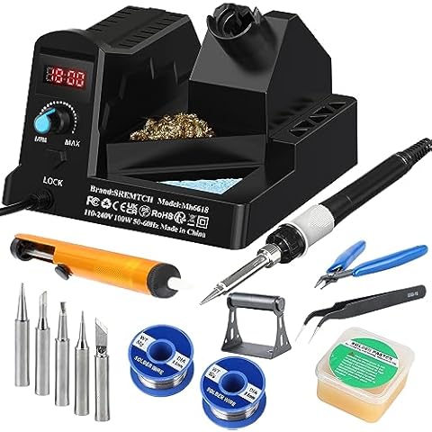SREMTCH 100W Digital Display Soldering Iron Station Kit, 12-in-1 Soldering Station with 5 Iron Tips, Solder Paster, Lead-Free Solder, Solder Sucker, S/S Tweezers, Auto Sleep 180°C to 480°C Temperature Cover