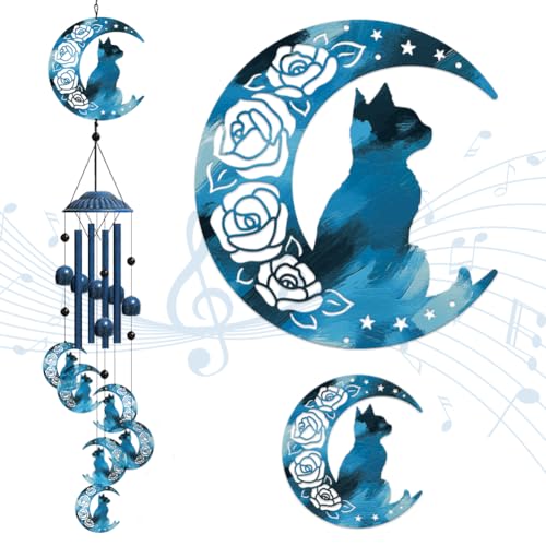 OLYCRAFT 1 Set Mond-Katzen-Windspiel, für den Außenbereich, Trauer, Gedenk-Windspiel, Eisen-Windspiel, Gedenkgeschenk, hängende Windglocke für Terrasse, Hinterhof, Haus, Garten, Anhänger-Dekoration