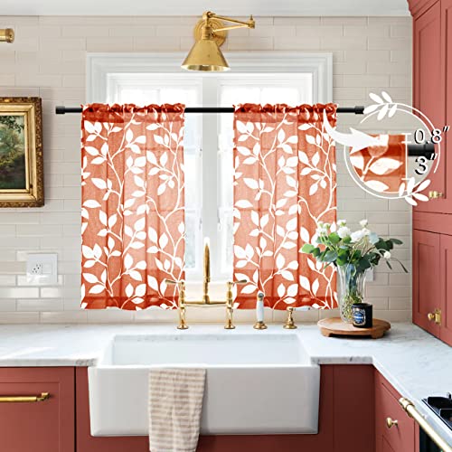 Image of XTMYI Curtains 36 Inch Length for Kitchen Window Set of 2 Panels,Short Sheer Cafe White Leaf Print Pattern Design Small Curtain for Bathroom,Rust Burnt Orange