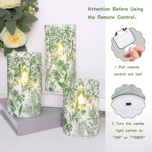 Image of Green Plants Flameless Candles with Remote Timer, Plant Theme LED Glass Candles, Battery Operated Candles for Home Party Wedding Christmas Botanical Summer Decor, Set of 3