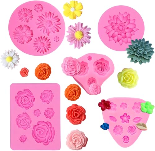 SHSHbuy Moule Silicone Fleur 5 PCS Fleur Gâteau Fondant Moules,Moules en Siliconeen Forme de Rose et de Feuille pour Jelly Sucre Candy Chocolat Fondant Décoration de...