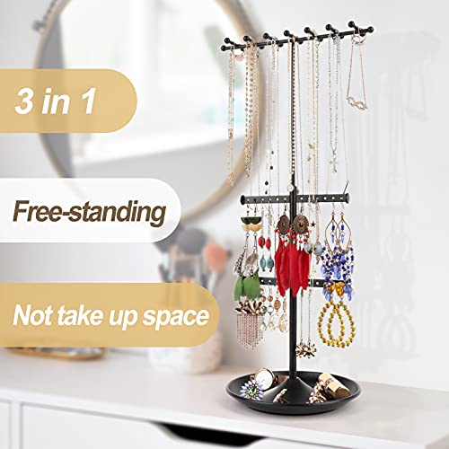 Ekero Jewelry Organizer Stand Necklace Organizer Adjustable Height Jewelry Holder Large Capacity Necklace Earring Holder Ring Bracelet Display 3-In-1 Matte Black #TOP2