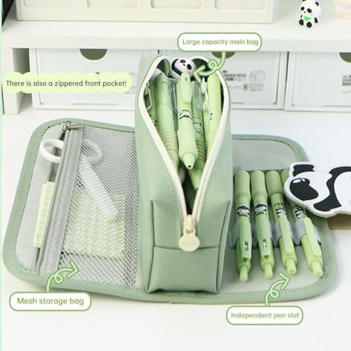 Image of Kawaii Cute Pencil Pouch with Push Pull Eraser Set for Kids,Premium Canvas Zipper Stationery Organizer Box with Cartoon Design | School Supplies Gift Combo for Boys & Girls (Green Panda + Eraser)
