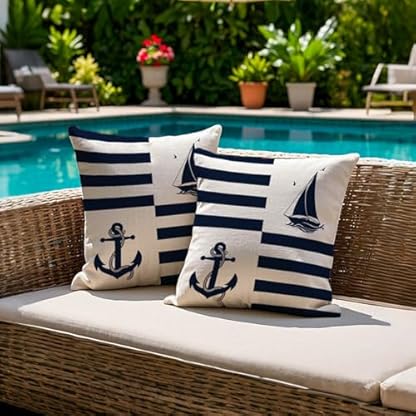 Jayusaror Kissenbezug Outdoor 40x40 Wetterfest Blau Kissenhülle Maritim Anker Segelboot Sommer Kopfkissenbezug Kissenbezüge Nautisch Kissen Zierkissenbezüge für Sofa Wohnzimmer Garten Deko，2er Set – Bild 6