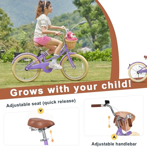 Image of Glerc Little Molly 12-20 Inch Kids Retro Cruiser Bike for 2-13 Year Old with Wicker Basket & Training Wheels /Kickstand, Multiple Colors