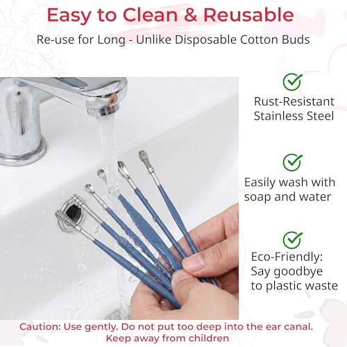 Image of TEMPERIA Ear Wax Cleaner & Removal Tool Kit | Deep Cleaning | Set of 6 Different Spoons & Spiral Tools with Storage Bag | Blue Colour (RW116)