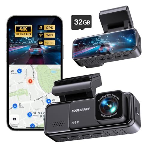 COOLCRAZY 4K Dash Cam Front, Built-in WiFi GPS, Dash Camera for Cars, 3.2" IPS Screen Dashcam with App Control, Free 32G Card, 170°Wide Angle, 24H Parking Mode, WDR, Night Vision, G-Sensor
