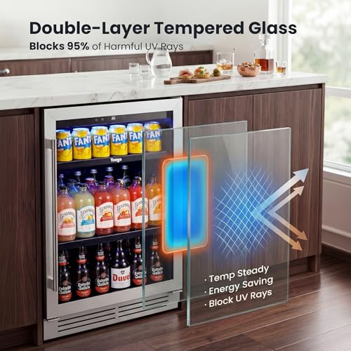 Image of Yeego 24-Inch Beverage Refrigerator, Built-In Beverage Cooler with Glass Door, Holds Up to 180 Cans, Adjustable Shelves, 34-54F Digital Temperature Control for Soda, Beer & Wine