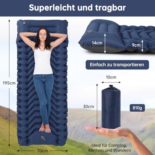 HAUSPROFI Isomatte Camping, Ultraleicht Camping Luftmatratze mit Fußpumpe & Kissen, Aufblasbare Matratze Kompakte und Leichte… – Ansicht 2