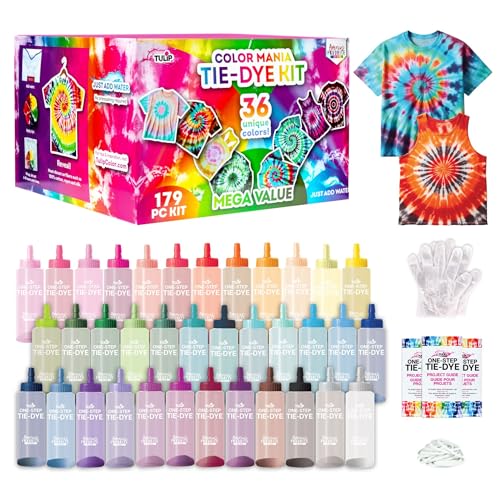 Tulip One-Step Tie-Dye Color Mania 36 Vibrant Colors, All-in-One Tie Dye Kit for Large Groups, Permanent Fabric Dye Pre-Filled Bottles, Gloves, Instructions