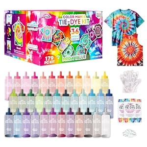 Tulip One Step Tie-Dye Color Mania 36 colores vibrantes, kit de teñido anudado todo en uno para grupos grandes, botellas prellenadas de tinte de tela permanente, guantes, instrucciones (idioma español