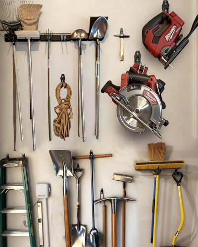 Image of PIYILO Garden Tool Organizer 48 in with 18 Garage Hooks, Heavy Duty Garage Wall Hooks for Hanging Ladder, Bike, Tool Storage Rack for Yard Tools, Shovel, Shed (23 Pack)