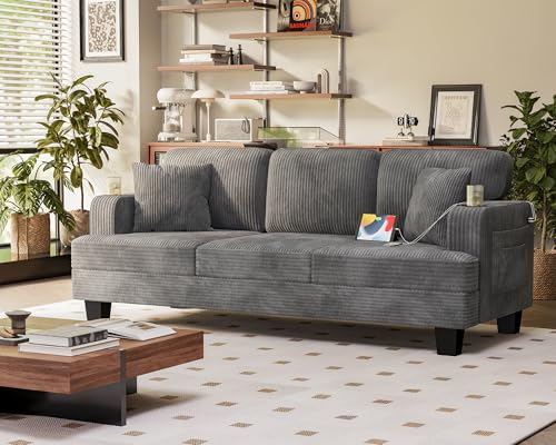 Homall 83” Sofas for Living Room, Comfy Couch with USB and Type-C Port, 3 Seater Sofa with 2 Pillows and Cup Holders for Apartment, Small Space, Corduroy (Grey)