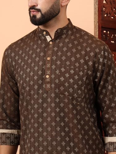 Image of LATEST CHIKAN Men's Cotton Regular Self Design Short Kurta Full Sleeves - Casual Ethnic Wear