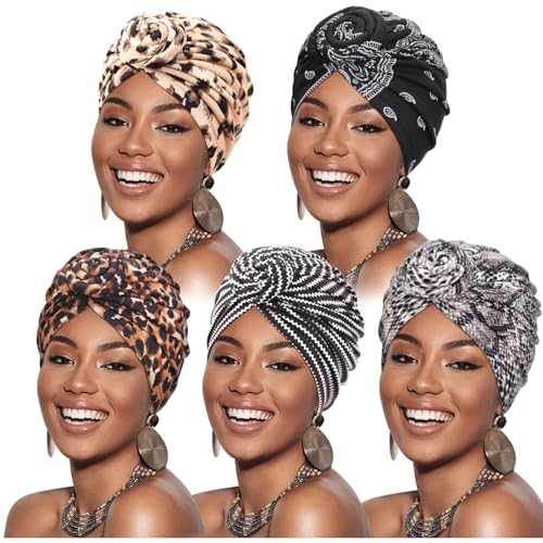 Image of DRESHOW 5 Pack Knotted Headwraps for Women African Turban Pre-Knotted Beanie Headwraps Hair Covers
