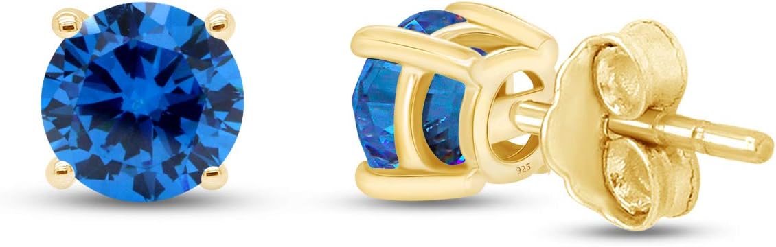 Birthstone Stud Earrings for Women, 4mm Round Simulated Gemstone Studs in 14K Gold Plated 925 Sterling Silver Push Back Earrings, Jewelry Gift for Her (0.5 Ct)