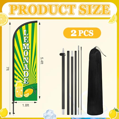 Image of Remagr 2 Pack Lemonade Feather Flag 7 ft Advertising Swooper Flag Sign Windless Lemonade Banner with Pole Kit and Ground Stake for Businesses Restaurants Outside Ground