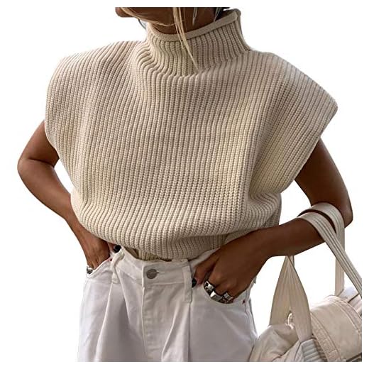 Women Sleeveless Turtleneck Sweater Vest Shoulder Pad Sweater Top Casual Solid Knitted Tank Pullovers （Apricot，M）