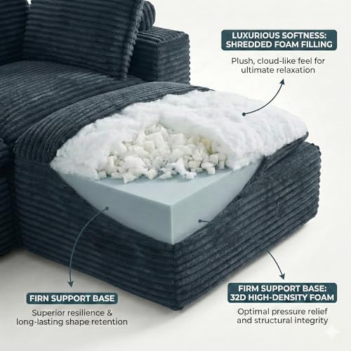 Image of 140 inch Boneless Couch - Modular Cloud Sofa Sectional with 2 Ottomans, Deep Seat Memory Foam Boneless Sofa, Fuzzy Corduroy L Shaped Couch for Living Room (No Assembly)