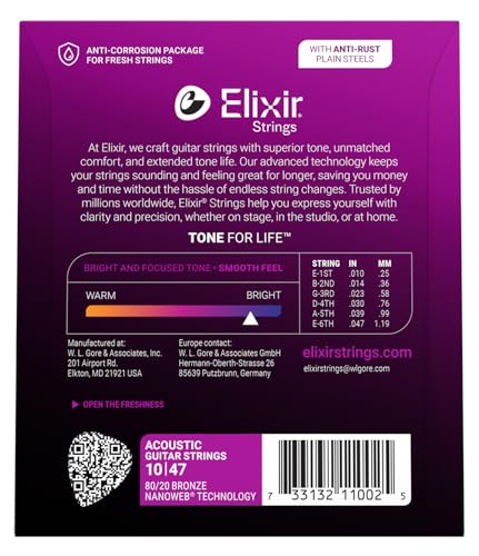 Image of Elixir Strings, Acoustic Guitar Strings, 80 /20 Bronze with NANOWEB Technology, Longest-Lasting Bright and Focused Tone For Life with Comfortable Feel, 6 String Set, Extra Light 10-47