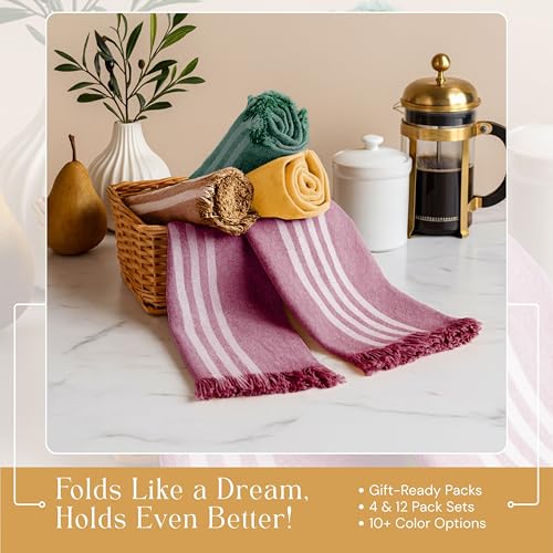 Image of Stripe Kitchen Towels 4 Pack, 16 inchx26 inch, Multicolors Dish Cloths for Drying Dishes, Reusable Wash Rags, Absorbent, Washable Towels - Mustard Yellow, Forest Green, Burgundy, Brown