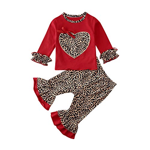 2PCS/3PCS Toddler Baby Girls Valentines Day Outfit Kids Ruffle T-Shirt Tops Print Heart Shape Pullover Clothes Set (Red Leopard Pant Sets, 2-3 Years)