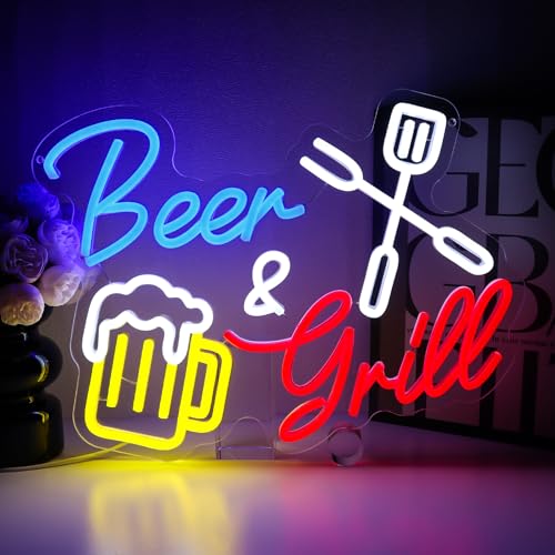 Image of Beer And Grill Neon Sign for Wall Decor, Grilling Led Signs for BBQ Bar, USB Dimmable 15.75 inch x 11.97 inch Neon Lights for Beer Bar Home Pub Restaurant Patio Man Cave Wall Art