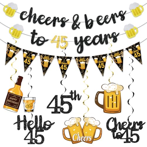 Black Gold 45th Birthday Decorations for Men Him Glitter Pre-Strung Cheers to 45 Years Banner Hello 45 Hanging Swirls Paper Triangle Flag Banner Decorations Bday Party Supplies Kit