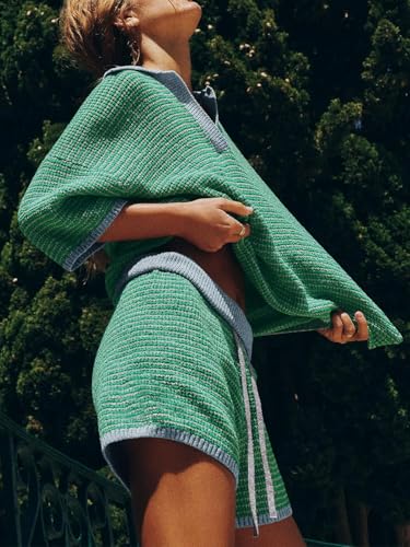 Image of Tankaneo Womens Sweater Set 2 Piece Outfits Oversized 3 /4 Sleeve V Neck Knit Tops High Waisted Shorts Lounge Sets
