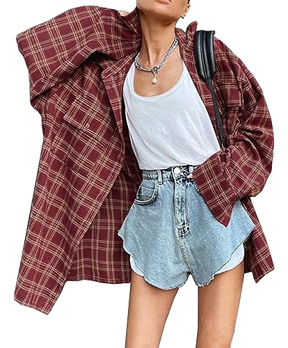 Womens Button Down Plaid Shirts Oversized Long Sleeve Casual Blouse Tops Boyfriend Fall Outfits