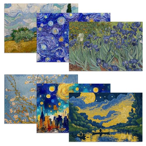 Van Gogh Style Placemats, 12 x 18 inch, Linen Table Runner Kitchen Dining Room Decor Holiday Decor Rustic Vintage Waterproof Washable Table Runner Set of 6