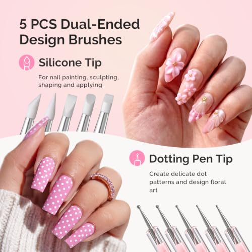 Image of MelodySusie Nail Art Brushes Set, 15 Pcs Pink Nail Brushes, 5 Pcs Dual Tipped Sculpture and Dotting Brushes, Brush Holder, Palette, and Color Mixing Brush, Tools for Manicure Design Home and Salon