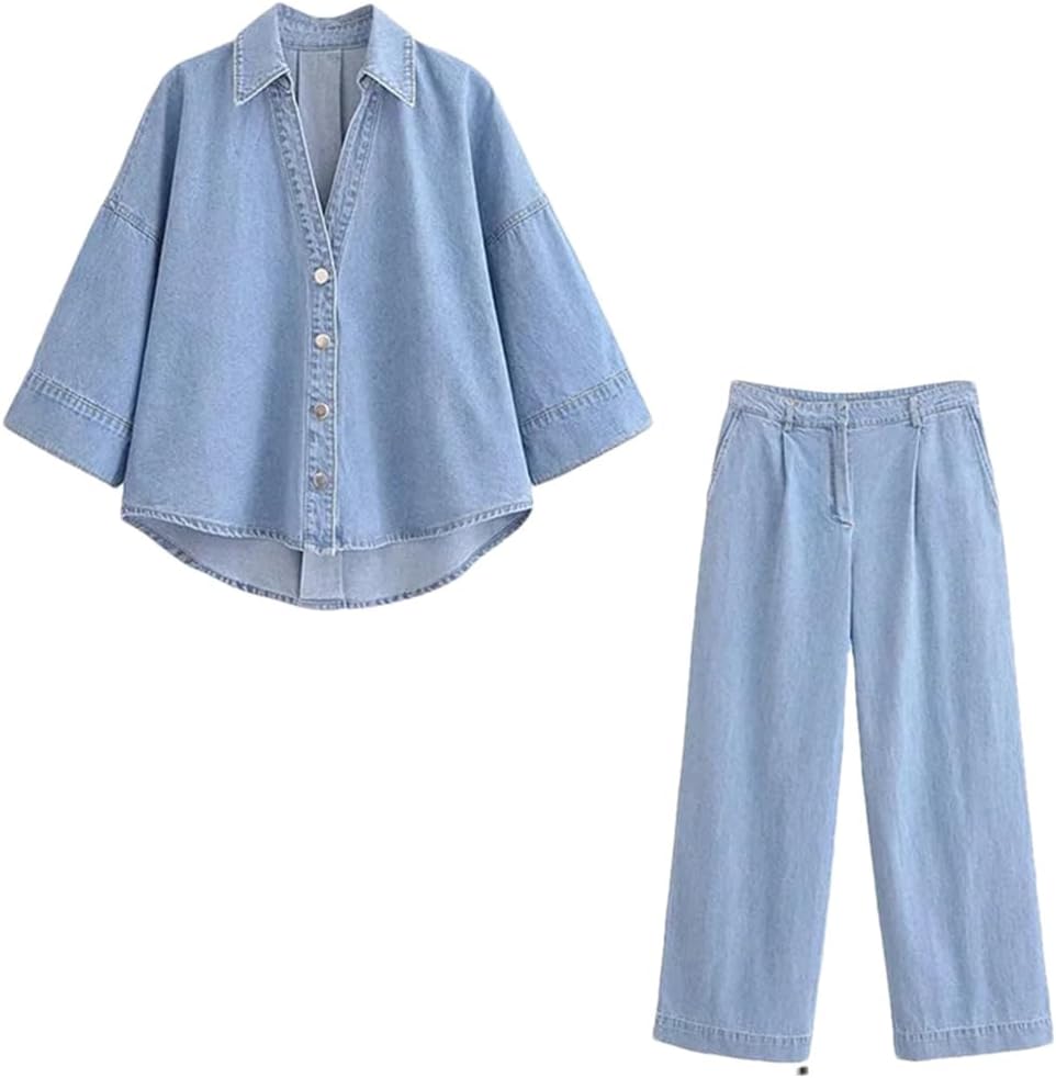 Womens Denim Shirt and Wide Leg Pants Set V Neck Single Breasted Top Loose Fit Casual Chic Suit