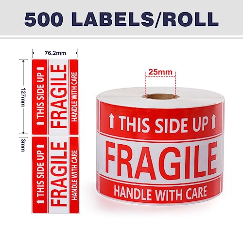 Image of 3 x 5 Inch Handle with Care This Side Up 500 Permanent Adhesive Fragile Stickers for Shipping Moving Glass Labels (1 Roll, 500 Labels)