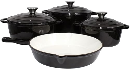 7-Piece Premium Ceramic Glazed Cast Iron Dutch Oven & Skillet Set (Black)