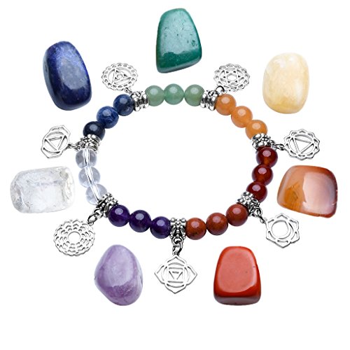 Top Plaza 7 Chakra Healing Crystals Yoga Balance Irregular Polished Tumbled Palm Stones Set W/ 7 Chakra Balancing Energy Stone Bracelet (7 Chakra Symbols)