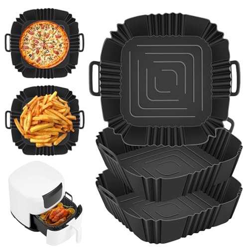 3 Piezas Molde Silicona Freidora de Aire,Bandeja Accesorios para Freidora sin Aceite,Molde Silicona Freidora de Aire Sin Aceite,Recipientes Cuadrado Cesta Utensilios para Microondas,Horno-Negro