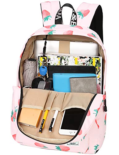 MIRLEWAIY Pink Strawberry Backpack for School Girls Lightweight Teen Primary Bookbag, Pink Strawberry4