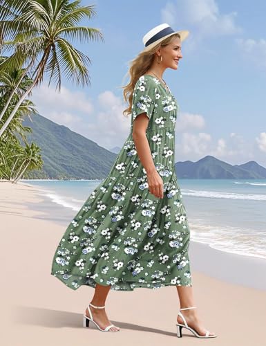 Image of YESNO Women's Summer Maxi Dresses Casual Floral Short Sleeve V Neck Boho Beach Vacation Swing Dress with Pockets EVF