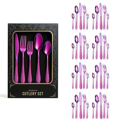 Image of aDai Premium 20 Piece Stainless Steel Cutlery Set | Elegant Hammered Handle Flatware | Includes Spoon Fork Knife Teaspoon | Durable Rust Resistant | Perfect for Gifting (Rainbow)