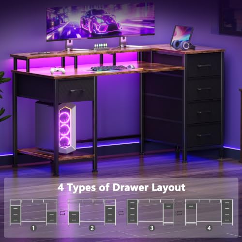Image of Korfile 47 Inch Gaming Desk with Power Outlets and LED Lights, Reversible Computer Desk with 5 Fabric Storage Drawers, Home Office Desk with Monitor Stand for Working Writing Study, Rustic Brown
