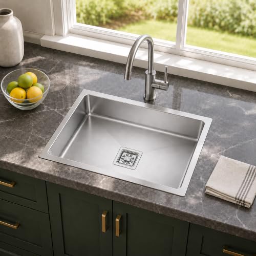 Image of COOTER Kitchen Sink 24x18x10 Inch 304 Grade Stainless steel Single Bowl Handmade Sink for Kitchen Basin, Matt Finish With Square Drainer & Fruit Basket