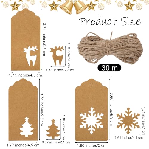 Aneco 150 Pieces Christmas Paper Gift Tags Brown Kraft Tags Hang Labels Christmas Tree Snowflake Reindeer Design with 30 Meters Jute Twine for Christmas DIY Wrapping Favor Holiday Present