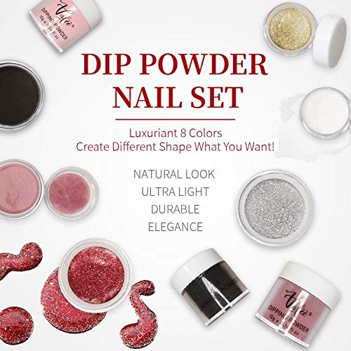 Vafee Dipping Powder Nail Starter Kit for 8 Colors , Gold Silver Red shining Series Colors dipping nail powder Nails System for French Nail Manicure Set No UV/LED Nail Lamp Needed