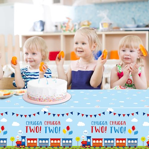 Image of Qyeahkj 3 Pcs Chugga Chugga Two Two Party Decorations Train Birthday Tablecloth 2nd Transportation Themed Plastic Table Cover for Boys Birthday Baby Shower Dinner Supplies