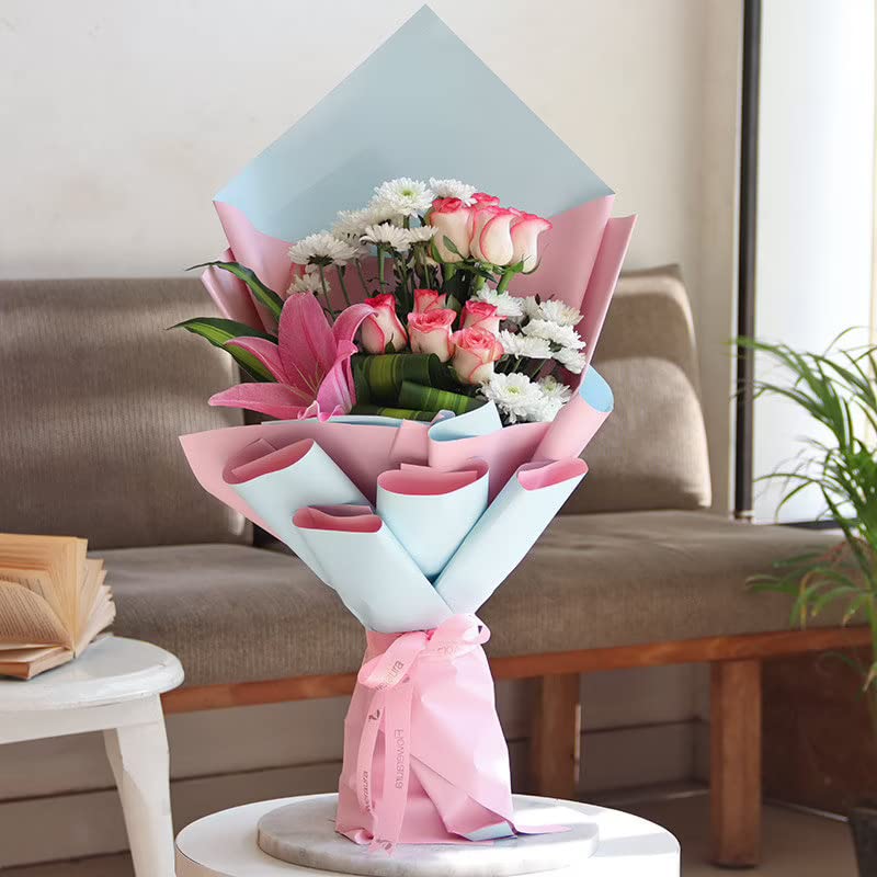 FlowerAura Premium Fresh Live Flower Bouquet of 9 Rose, 1 Lily & 2 Daisy In Designer Paper Packing Gift For Birthday | Anniversary | Romantic Surprise | Rose Day | Valentine's Day (Same Day Delivery)-image-46