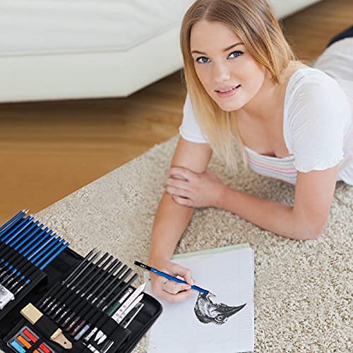 H & B 48 Pcs Drawing Pencils Kit Sketch Set,Artists Sketching Pencil Set For Adults Kids Teens Art Supplies | Art Kit Include Charcoal, Pastels Pencils & Sticks，Sketchbook With Case丨Drawing Set #TOP4