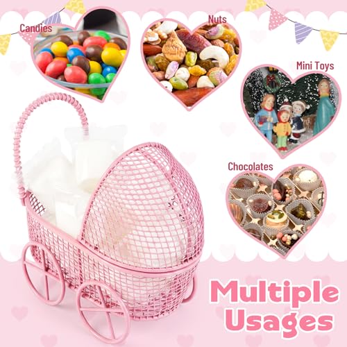 Image of Threehoney 48 Pcs Baby Shower Mini Carriage Decoration White Metal Wired Fillable Candy Stroller Baby Shower Table Centerpiece for Guest Gender Reveal Wedding Party Favor Gift